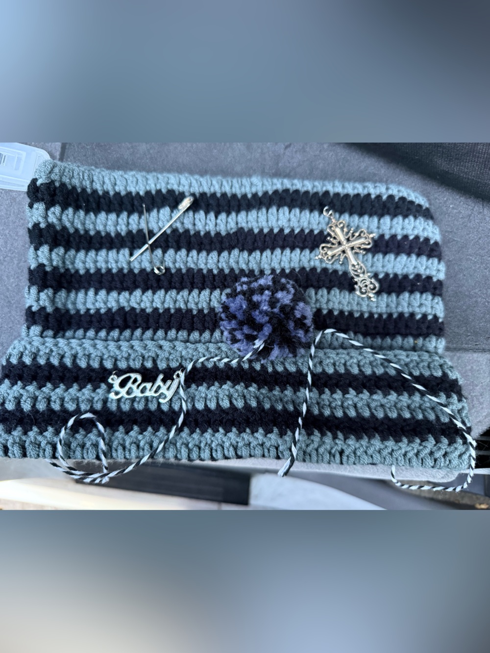 Grunge Slouchy Square cat ear unisex Beanie Pom charms y2k crotchet